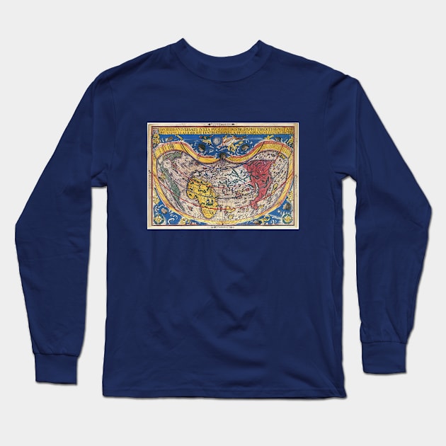 Antique Heart Shaped World Map by Petrus Apianus, 1520 Long Sleeve T-Shirt by MasterpieceCafe